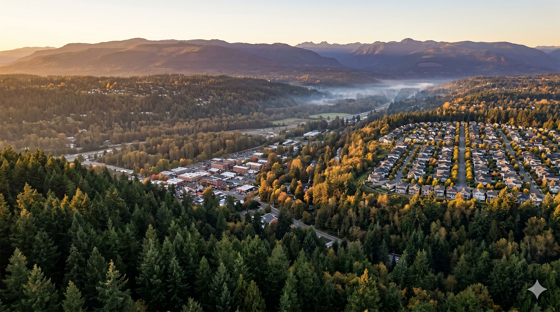 Panoramic view of Issaquah neighborhoods and residential areas in King County, Washington