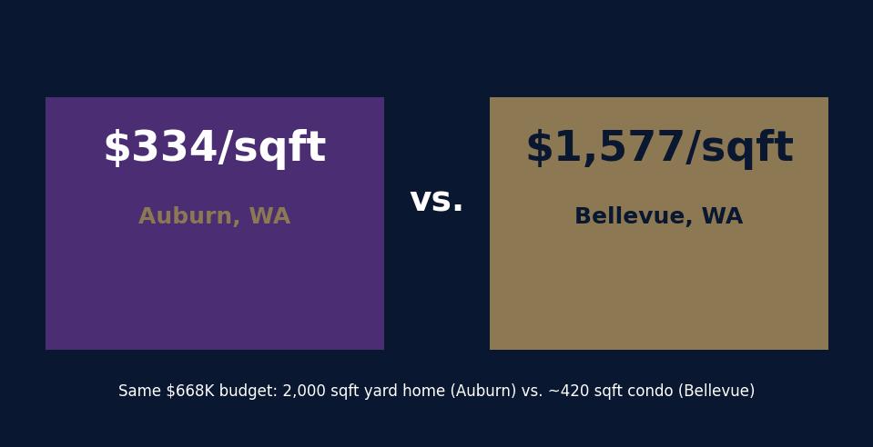 Auburn WA vs Bellevue WA price per square foot comparison 2026 — $334 vs $1,577 per sqft
