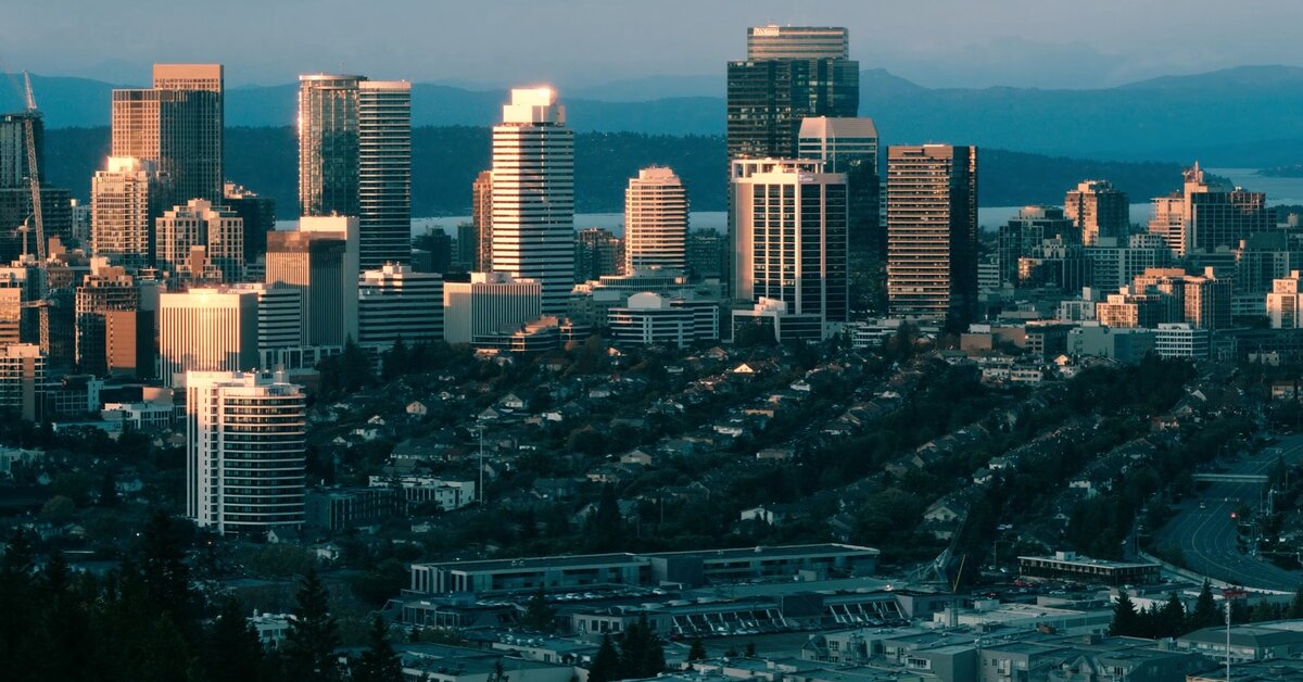 Panoramic view of Bellevue neighborhoods and the Bellevue skyline in King County, Washington.