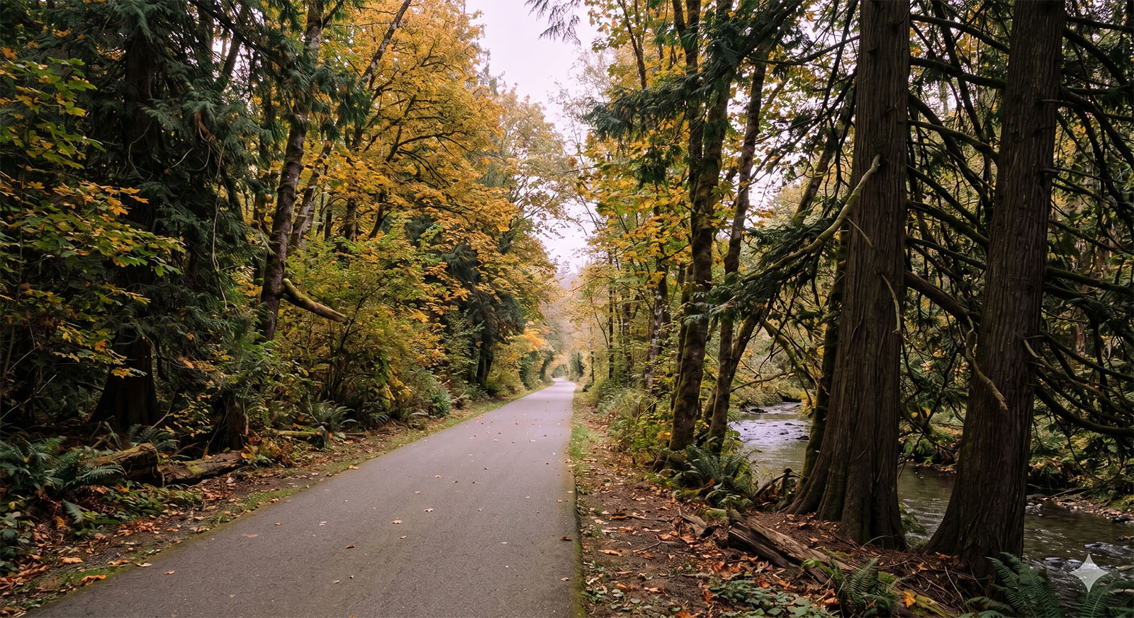 Cedar River Trail through autumn forest in Renton WA