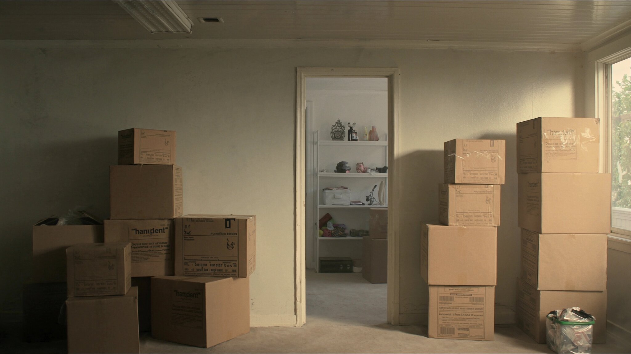 Organized moving boxes inside a bright Pacific Northwest home interior during the downsizing process, South King County WA