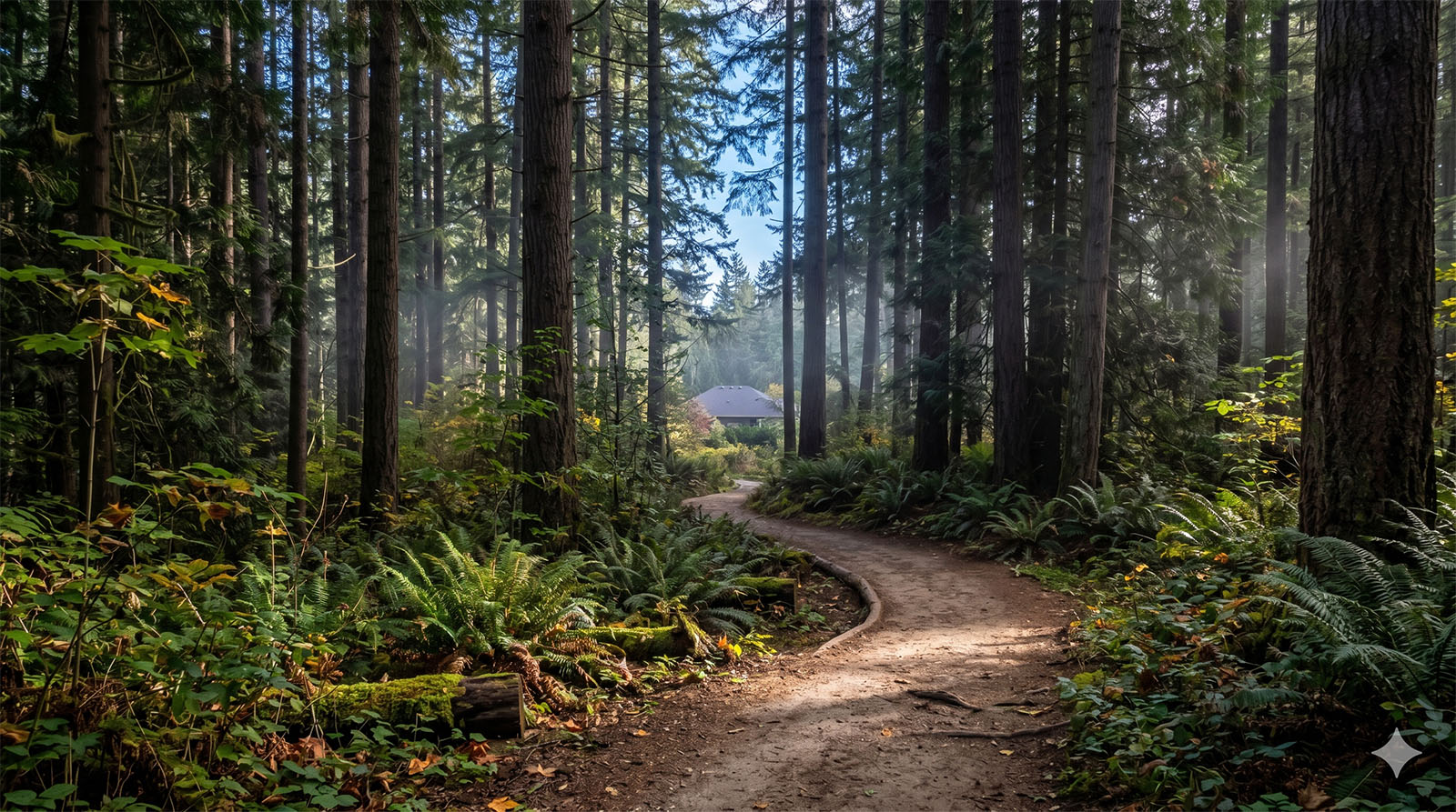 Grand Ridge trail in the Issaquah Highlands with rooftops visible through the trees, showing the community's immediate trail access.