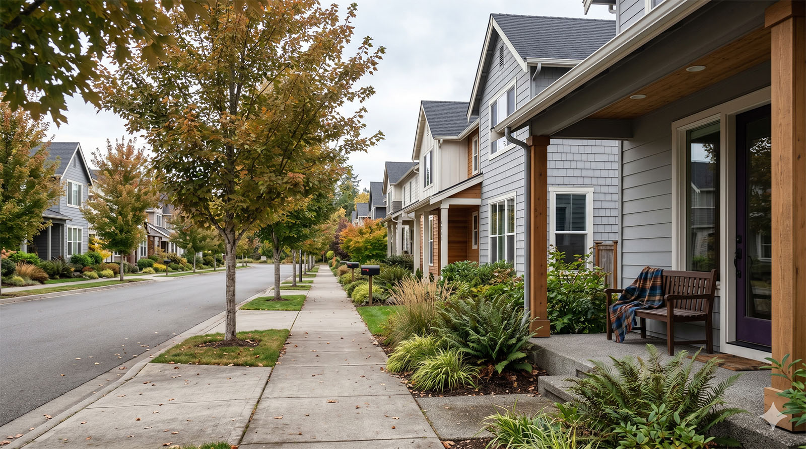 Saturday morning street scene in the Issaquah Highlands showing the master-planned community's residential character.