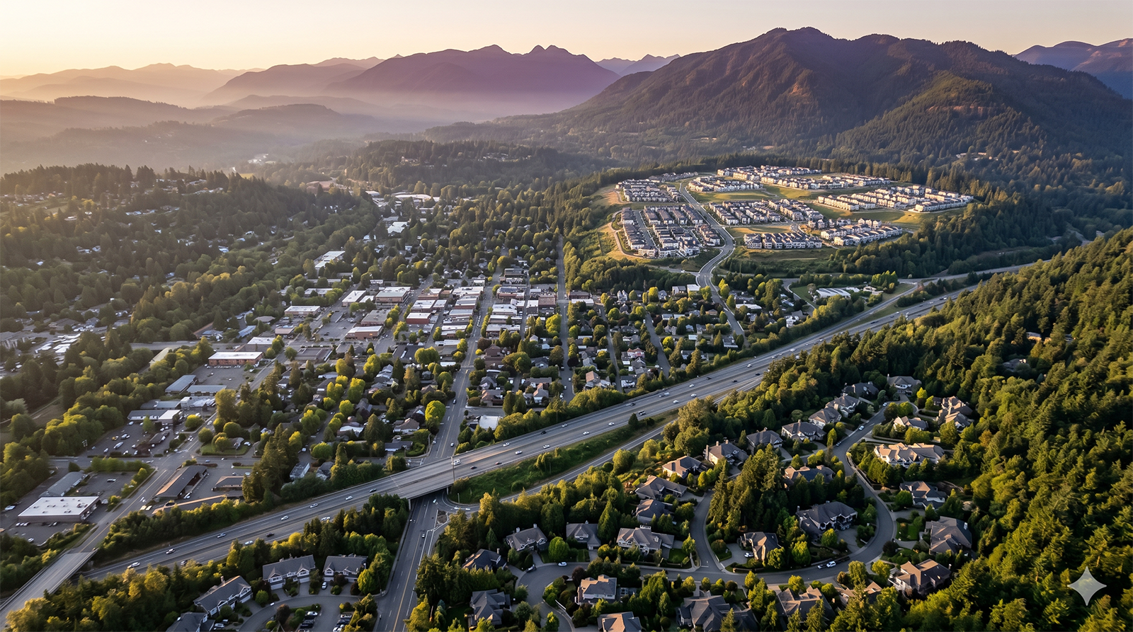 Aerial overview of Issaquah neighborhoods showing the Highlands plateau and Olde Town valley.