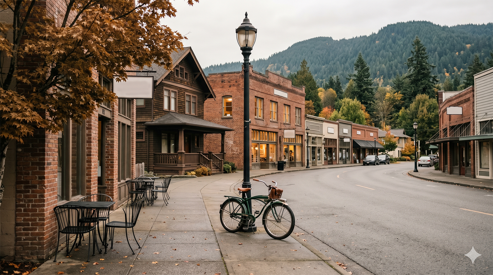 Front Street in Olde Town Issaquah on a quiet morning with mature street trees and historic storefronts.