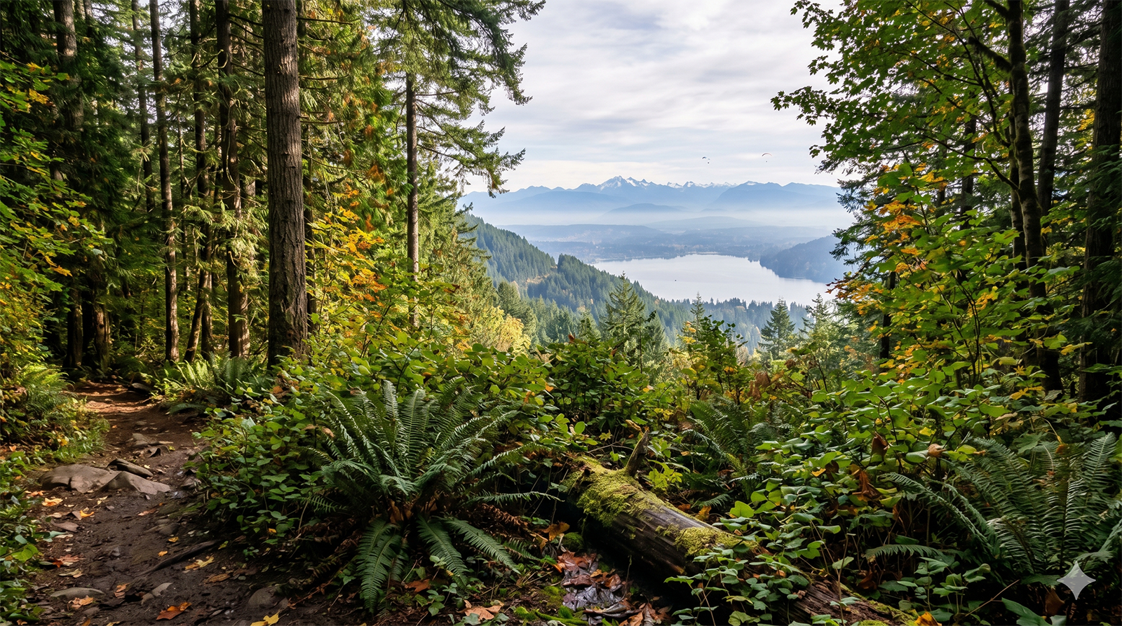 Tiger Mountain trail in Issaquah looking northwest toward Lake Sammamish in the distance.