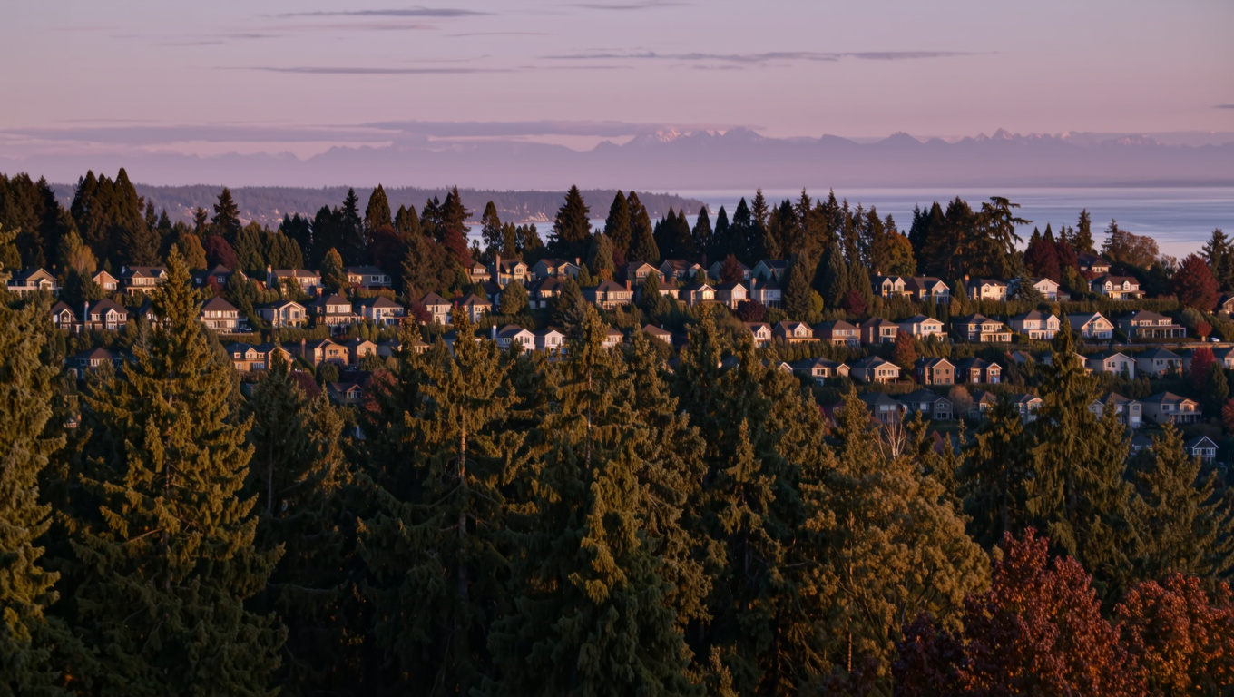 Panoramic view of Sammamish, Washington residential neighborhoods surrounded by mature evergreen trees on the Sammamish Plateau.