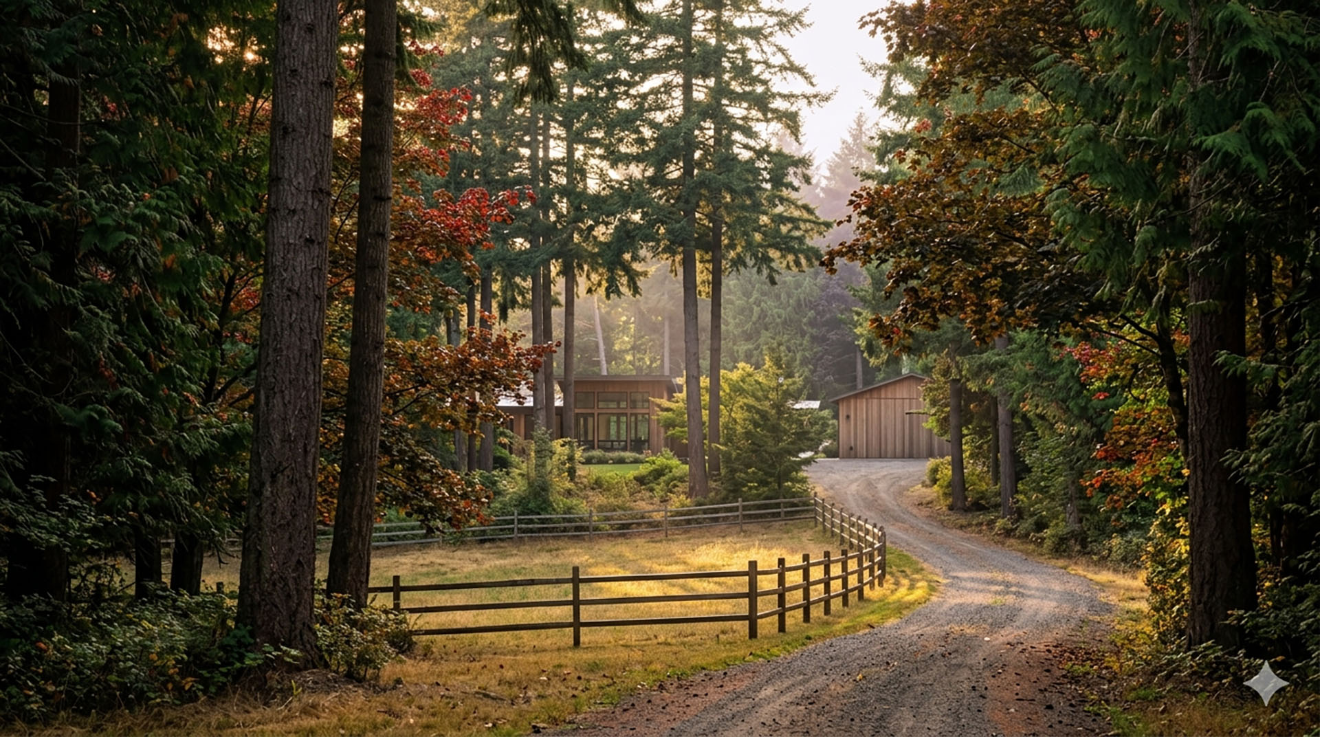 A wooded acreage property in the Mirrormont neighborhood near Issaquah, with a long driveway and equestrian fencing.
