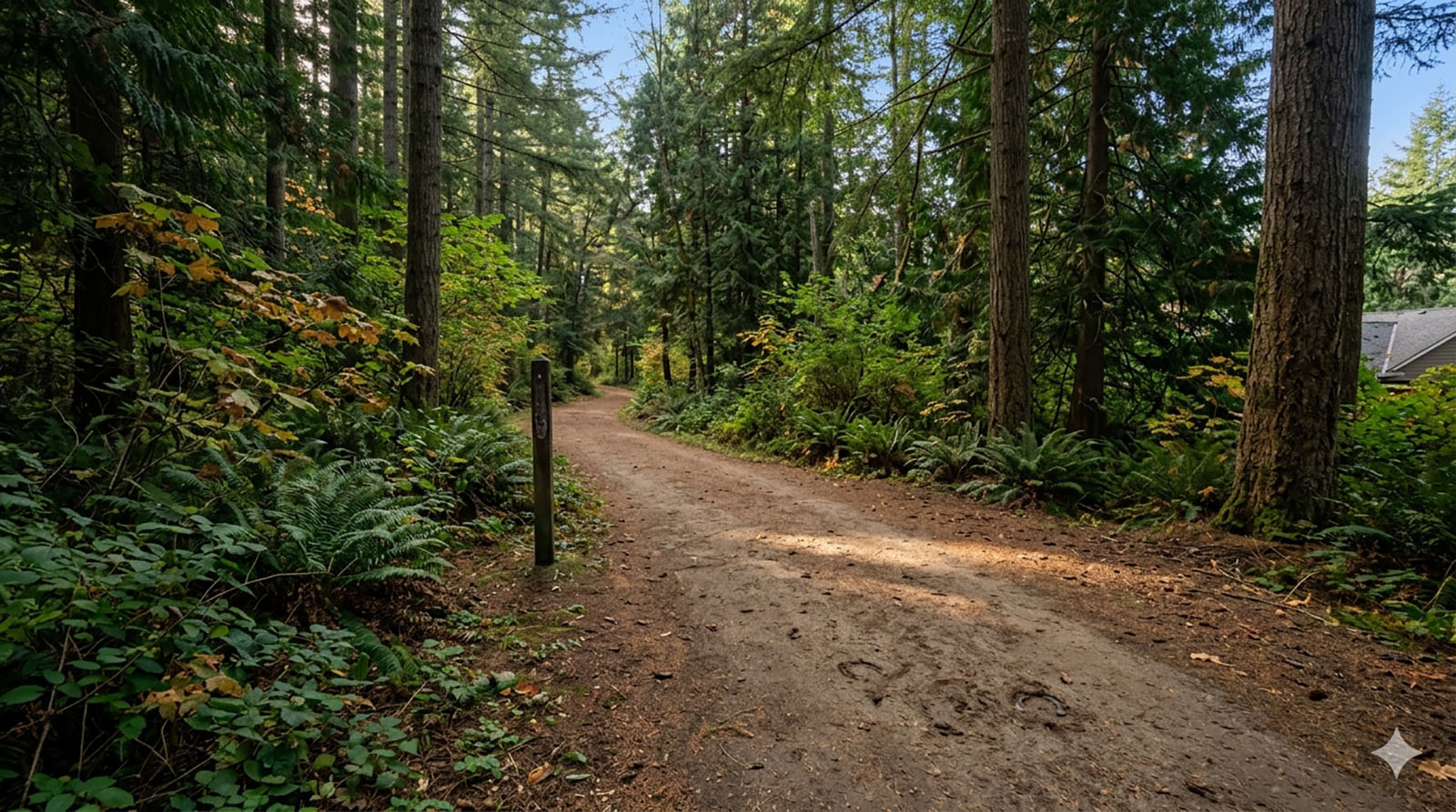 A maintained forest trail at the edge of the Mirrormont neighborhood near Issaquah, suitable for hikers and equestrians.