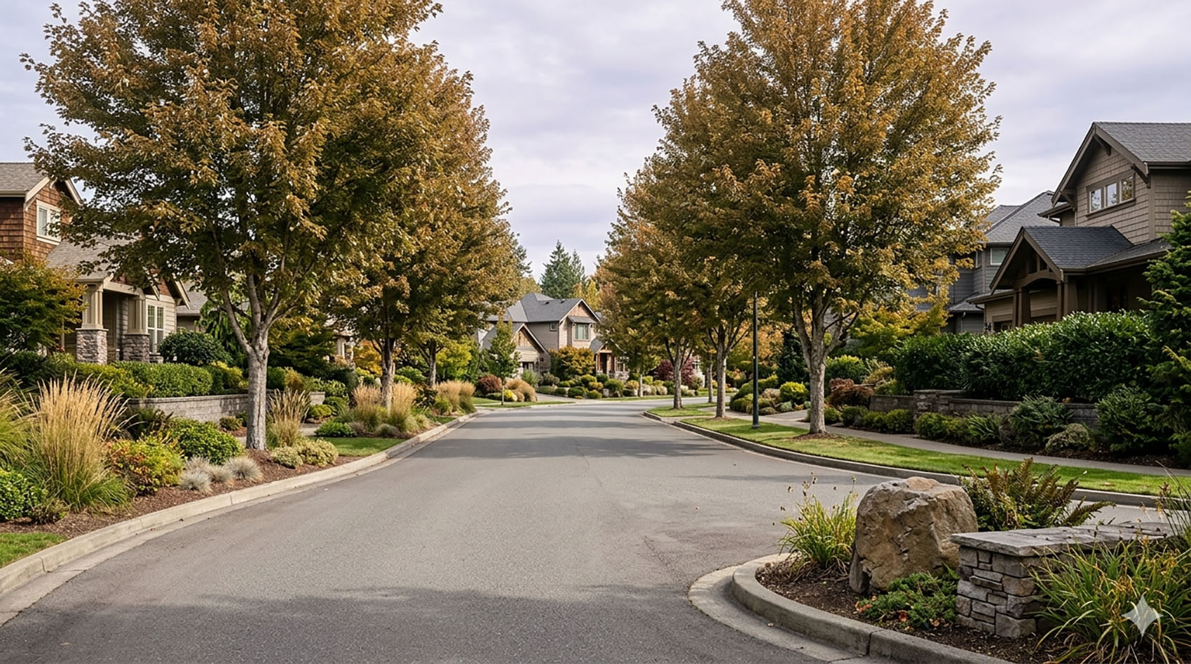 An interior residential street inside the gated Montreux community in Issaquah, with mature landscaping.