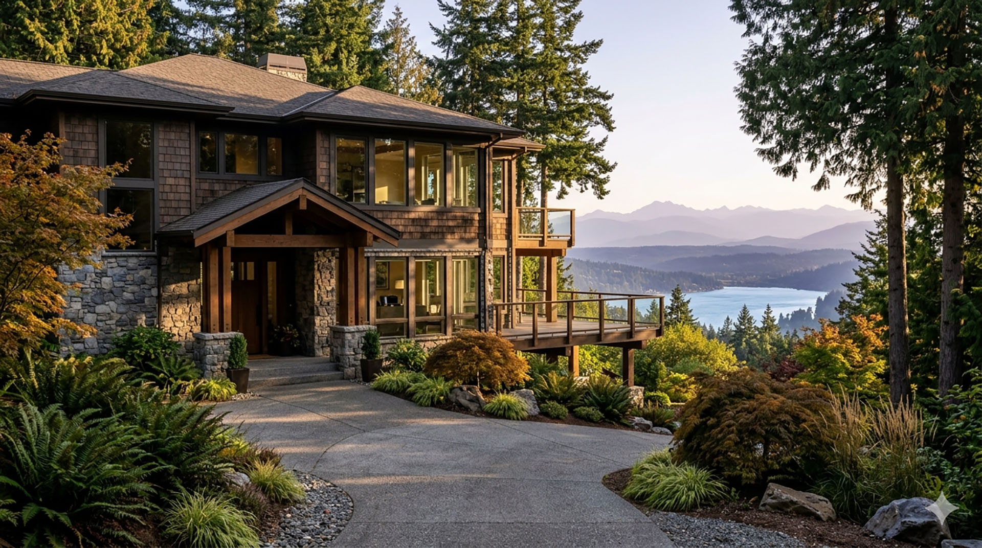 Custom home in the gated Montreux community of Issaquah, with a view toward Lake Sammamish, King County, Washington.