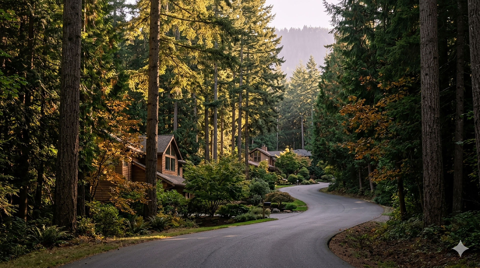 Wooded residential street in the Newport Way and Cougar Mountain area of Issaquah, King County, Washington.