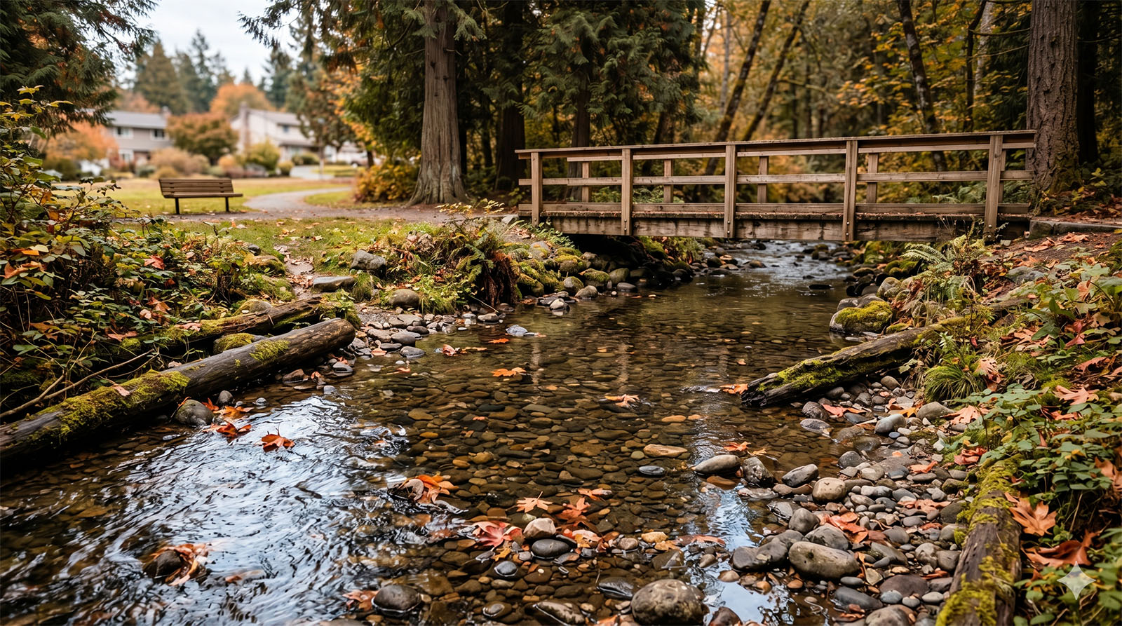 The Issaquah Salmon Hatchery creek corridor in Olde Town Issaquah on a soft autumn morning.