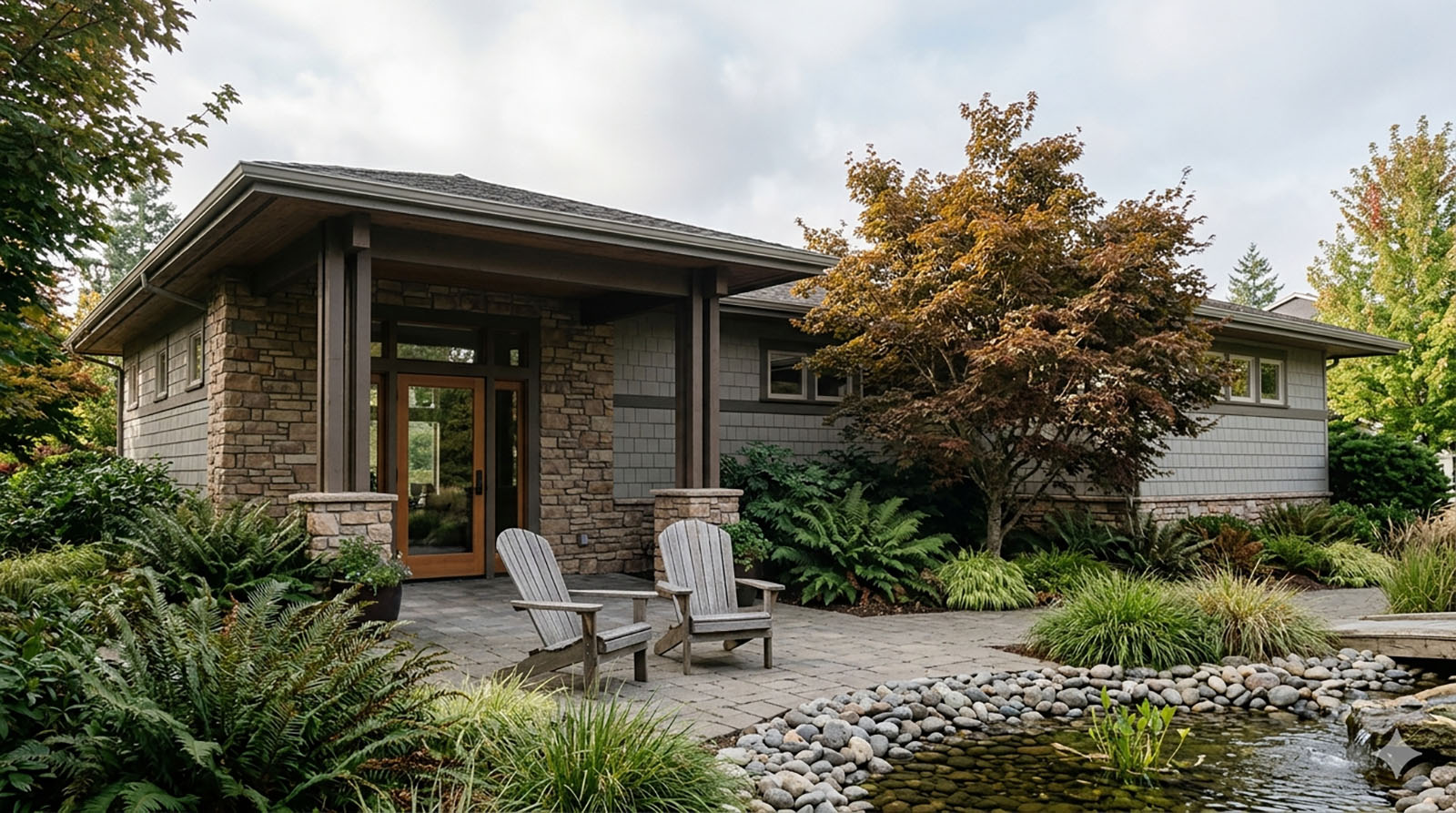 The community clubhouse at Providence Point in Issaquah, set in mature landscaping.