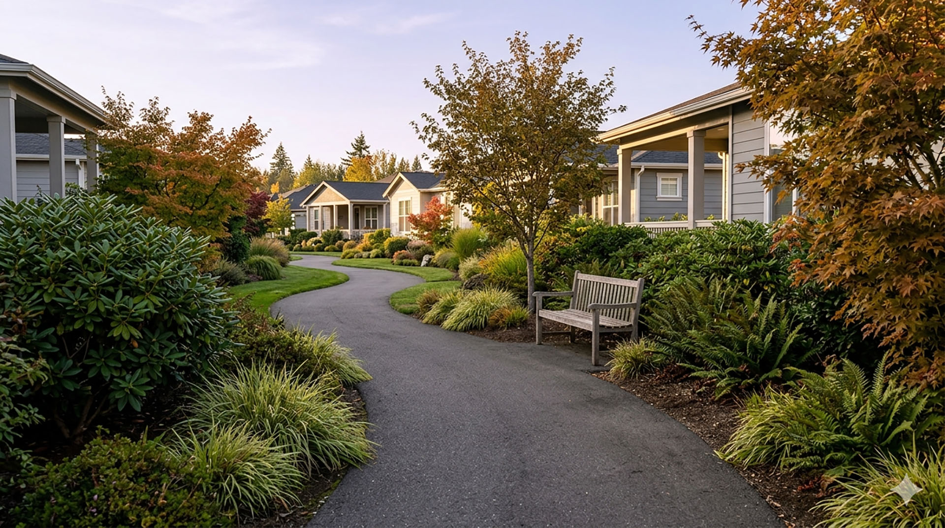 Walking path in the Providence Point active adult community in Issaquah, King County, Washington.