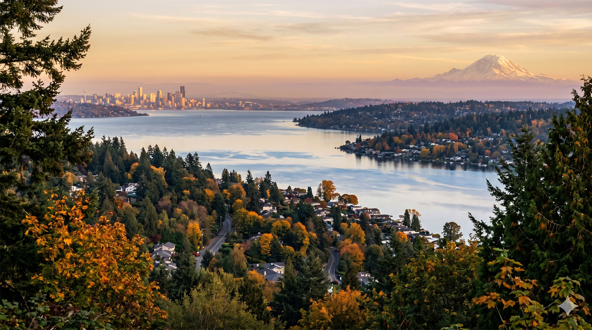 Panoramic aerial view of Renton neighborhoods rising above Lake Washington at golden hour, with Mount Rainier visible in the distant east, King County, Washington.