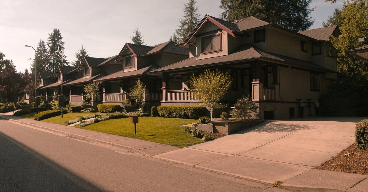 Sammamish Washington plateau streetscape with Craftsman homes and tree-lined residential street