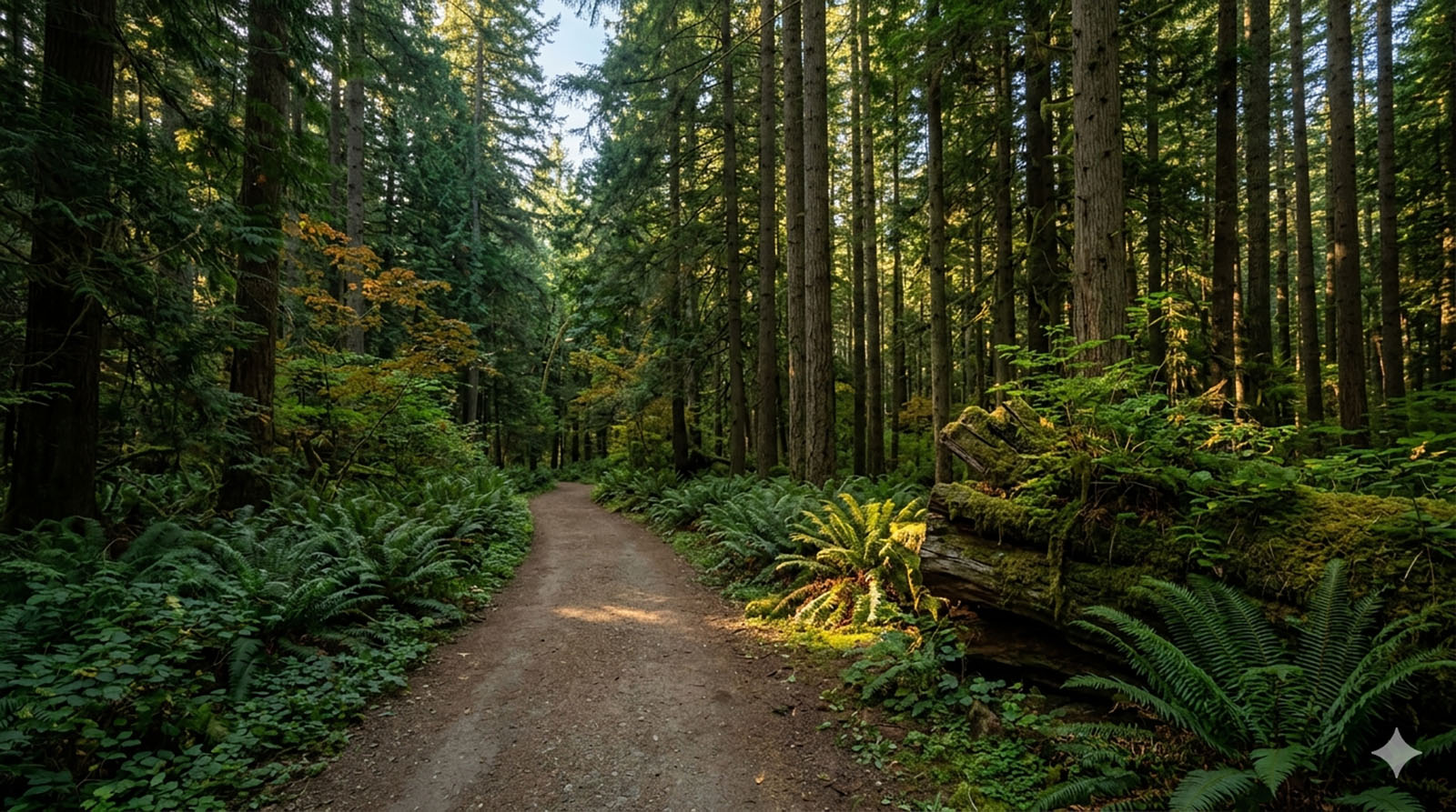 A wooded Pacific Northwest forest trail near a Squak Mountain residential property in Issaquah.