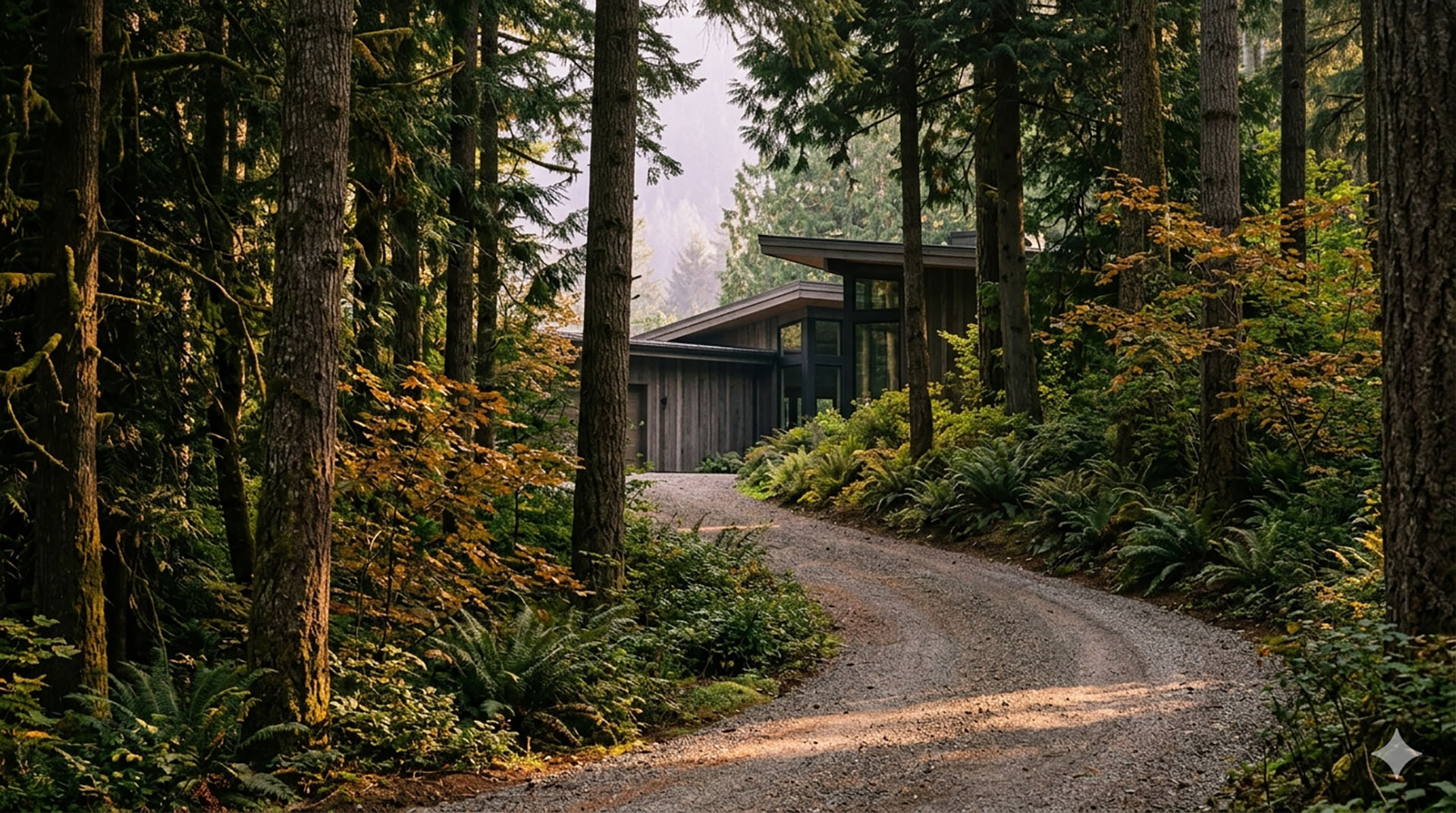 A wooded property on Squak Mountain in Issaquah, with a long driveway curving through mature firs and cedars.
