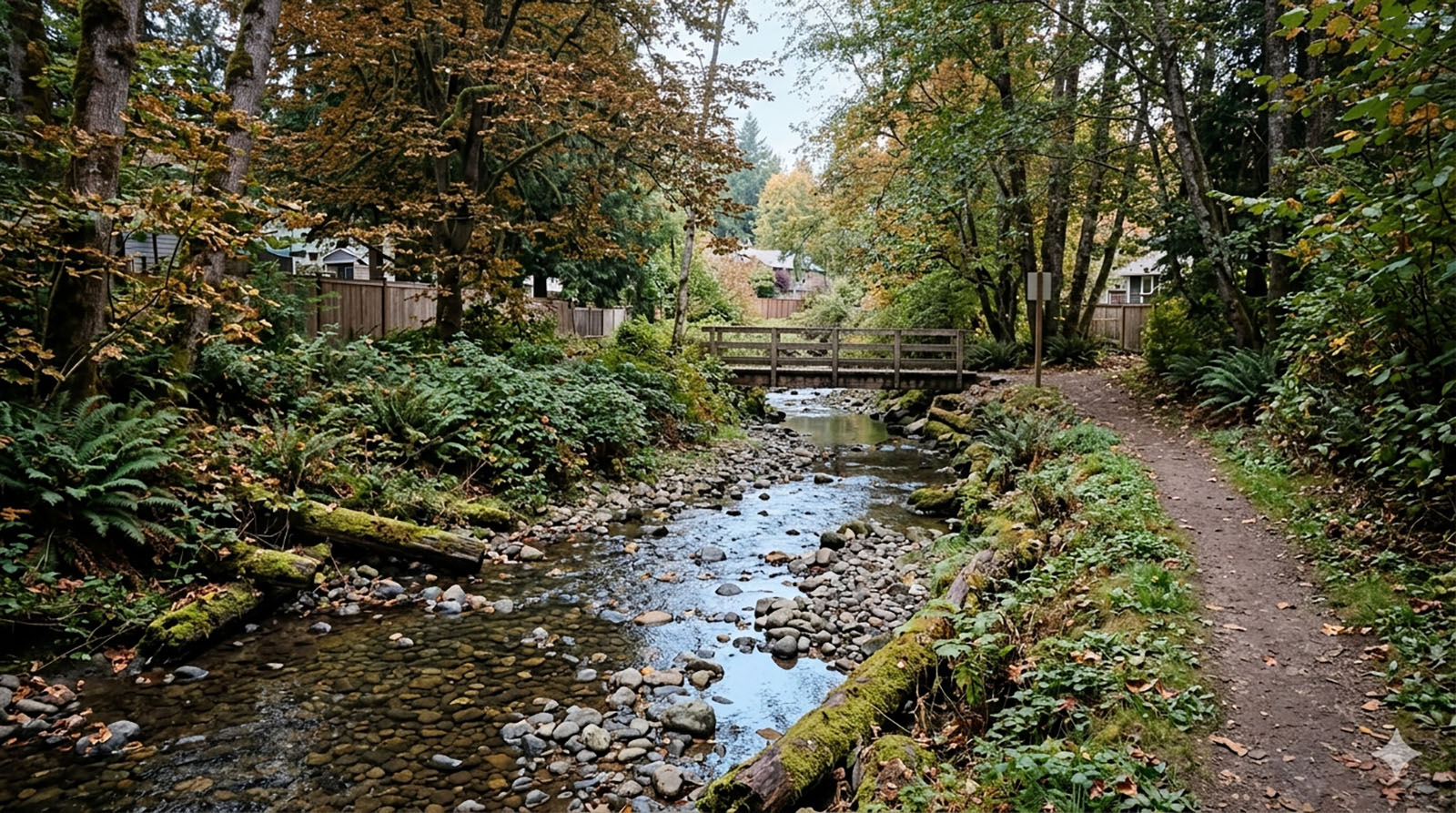 Tibbetts Creek running through the Sycamore neighborhood in Issaquah, with native plants and a walking trail.