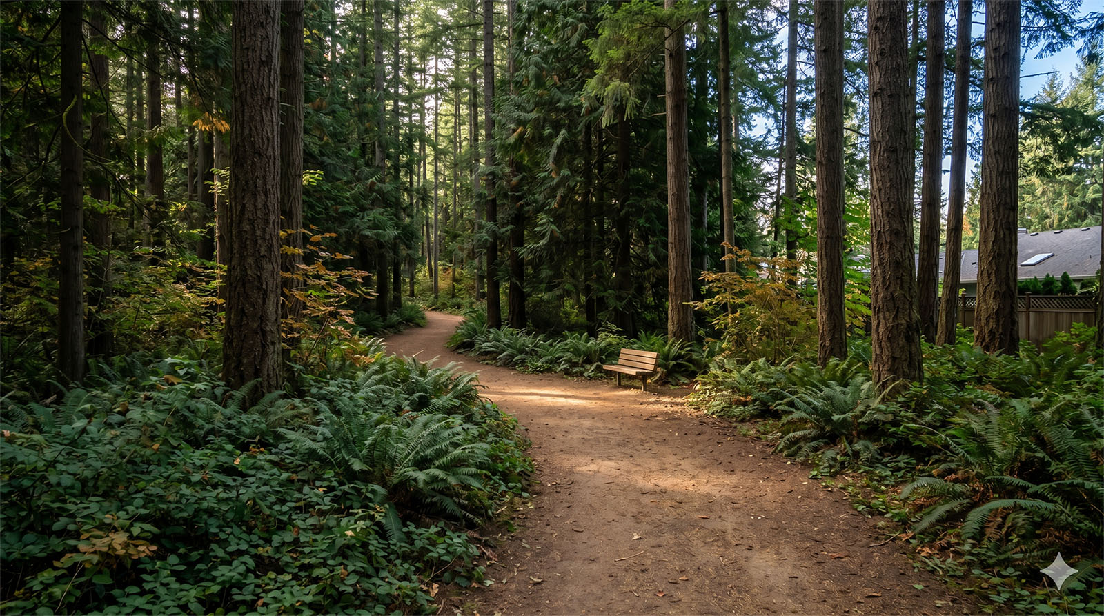 A Cougar Mountain trail in Talus, Issaquah, showing the neighborhood's immediate trail access.