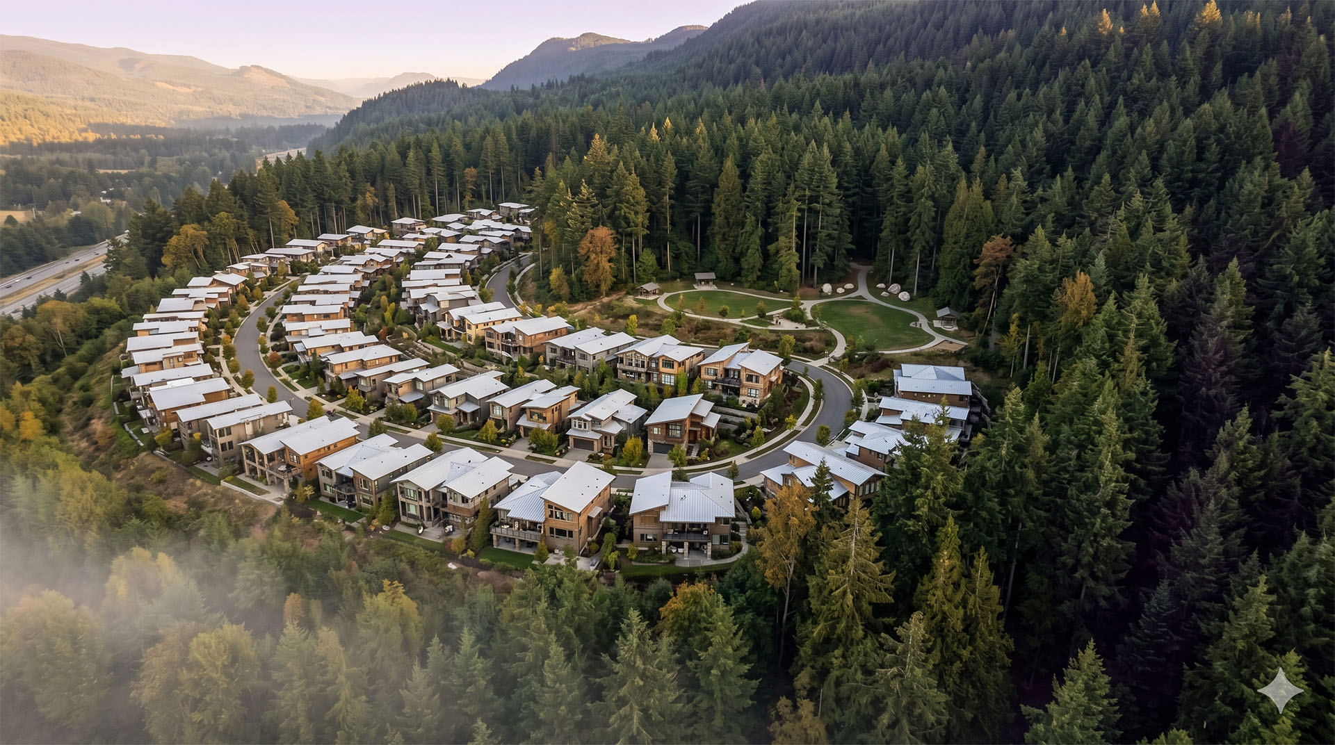 Aerial view of the Talus master-planned community on Cougar Mountain, Issaquah, King County, Washington