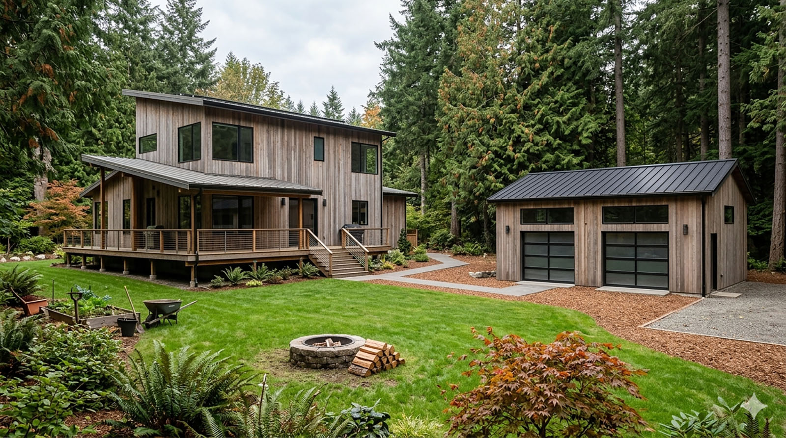 A home with a detached shop on a wooded acreage lot in the Tiger Mountain Foothills of Issaquah.