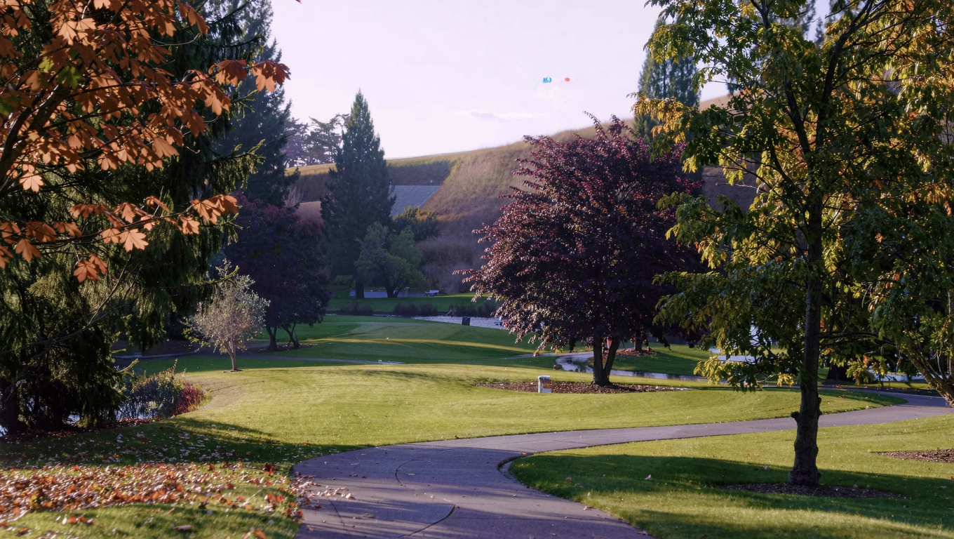 Wide paved community trail winding through open maintained green space in Aldarra neighborhood Sammamish Washington with ornamental trees in autumn color and mature Douglas fir at the forest edge