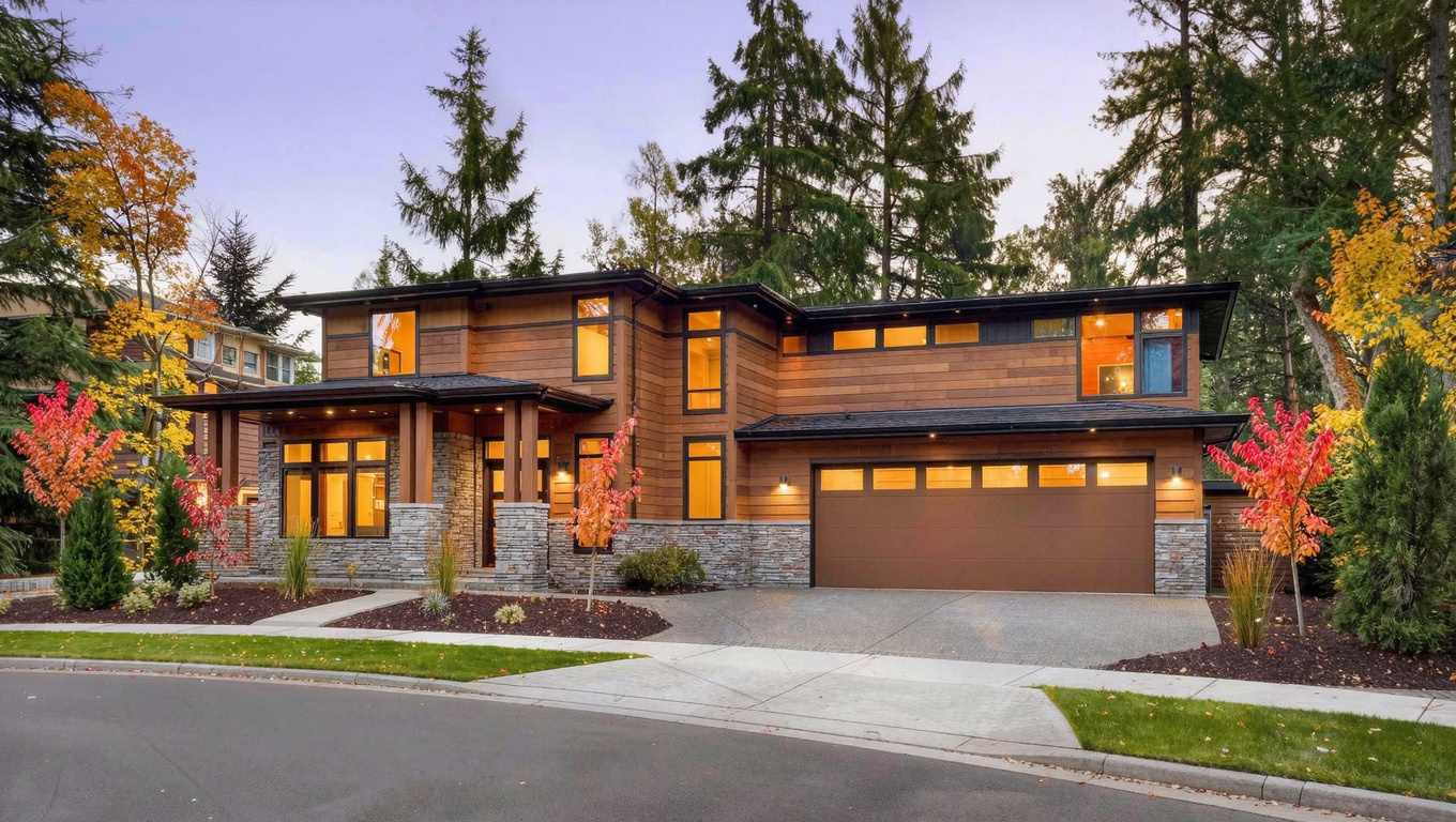 Large custom Pacific Northwest luxury home exterior in Aldarra neighborhood Sammamish Washington with upscale 2000s construction, high-quality stone veneer and cedar details, three-car garage, and mature evergreen landscaping on a generous lot