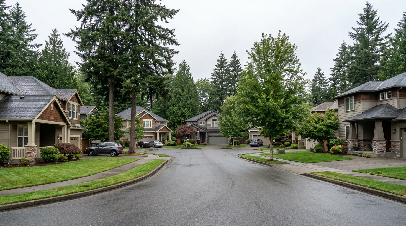 Lakeland Hills Auburn WA neighborhood street with craftsman homes and Pacific Northwest trees — residential real estate 2026