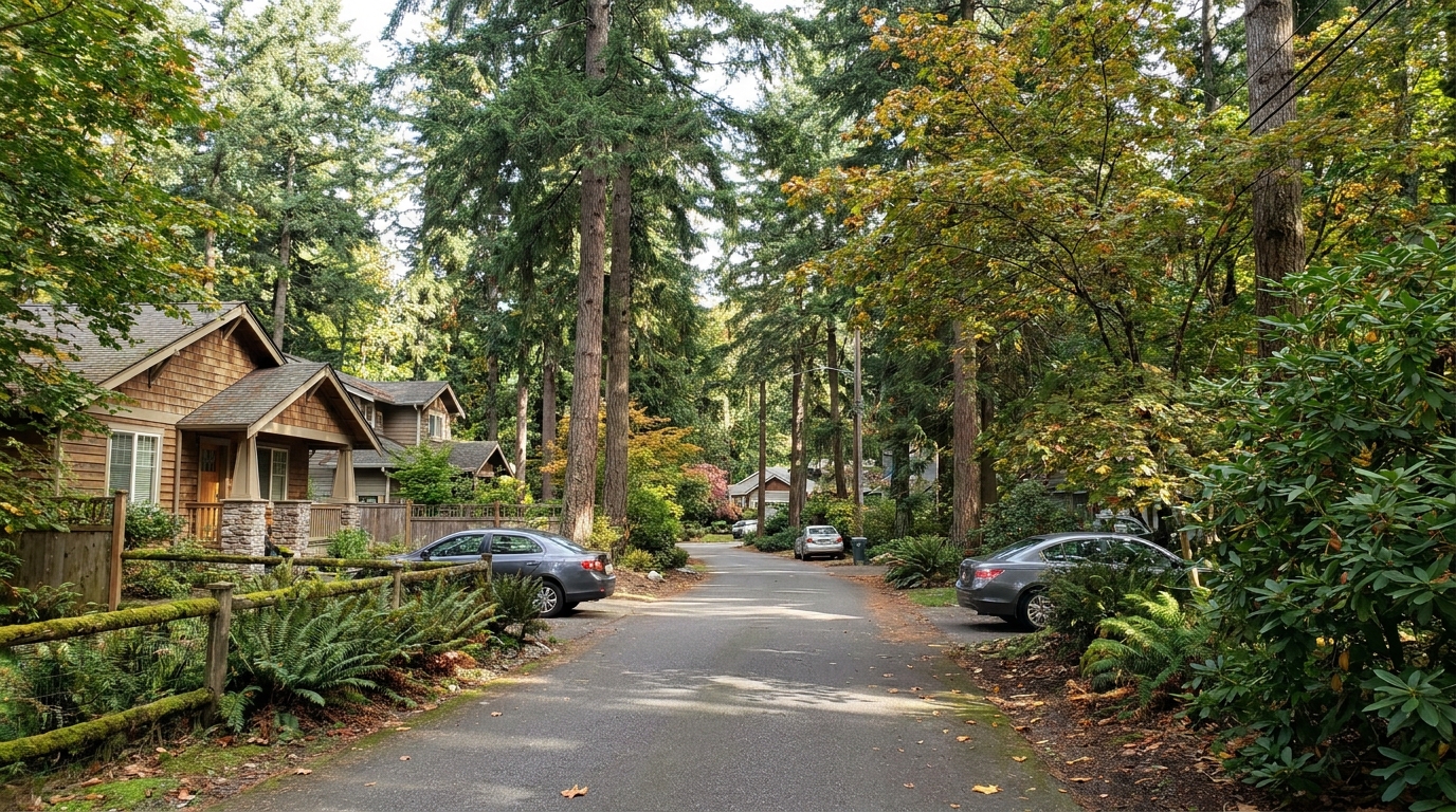 Lea Hill Auburn WA wooded neighborhood street with mature Pacific Northwest trees and quiet residential homes 2026