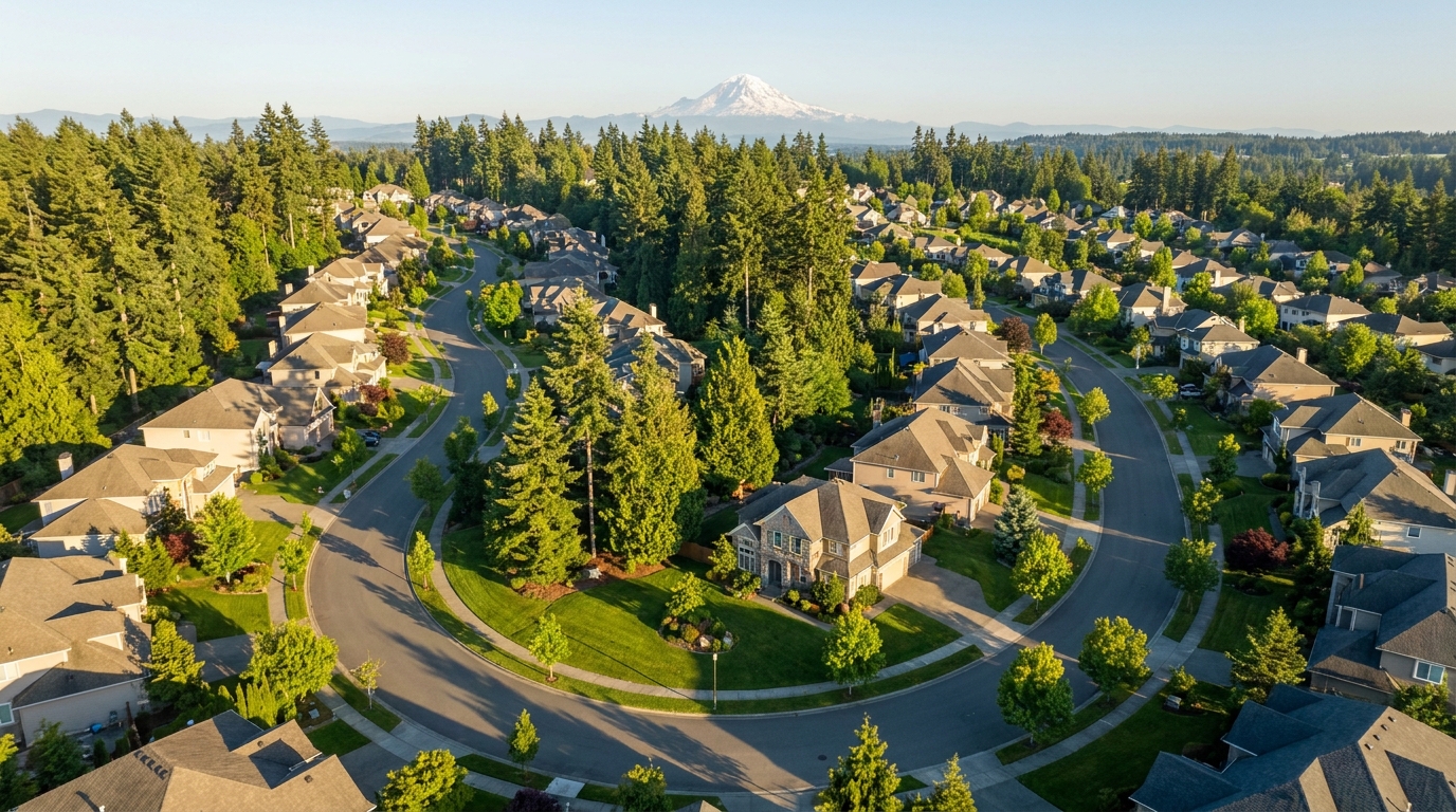 Auburn WA neighborhood aerial view showing residential streets and Pacific Northwest greenery — King County real estate 2026