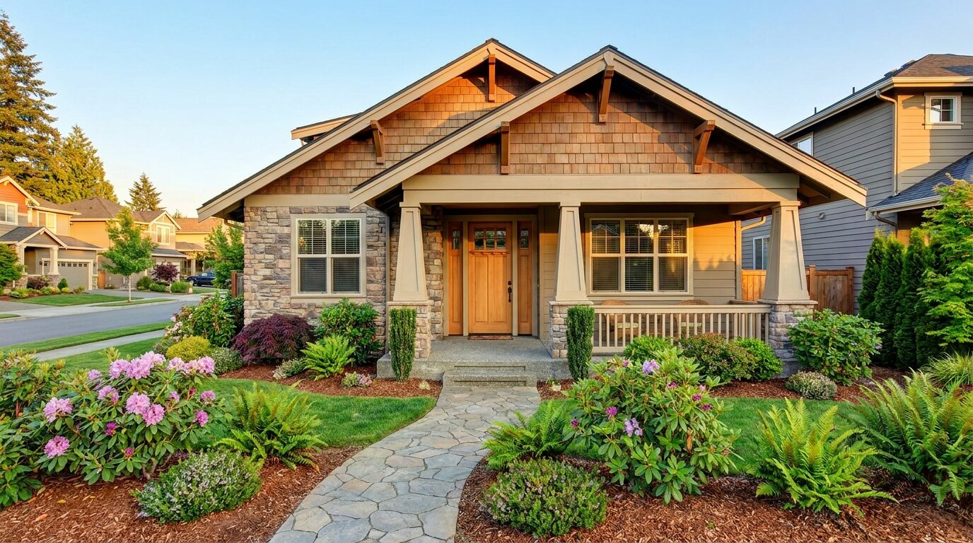 Auburn WA craftsman home exterior with Pacific Northwest landscaping — real estate market guide King County 2026