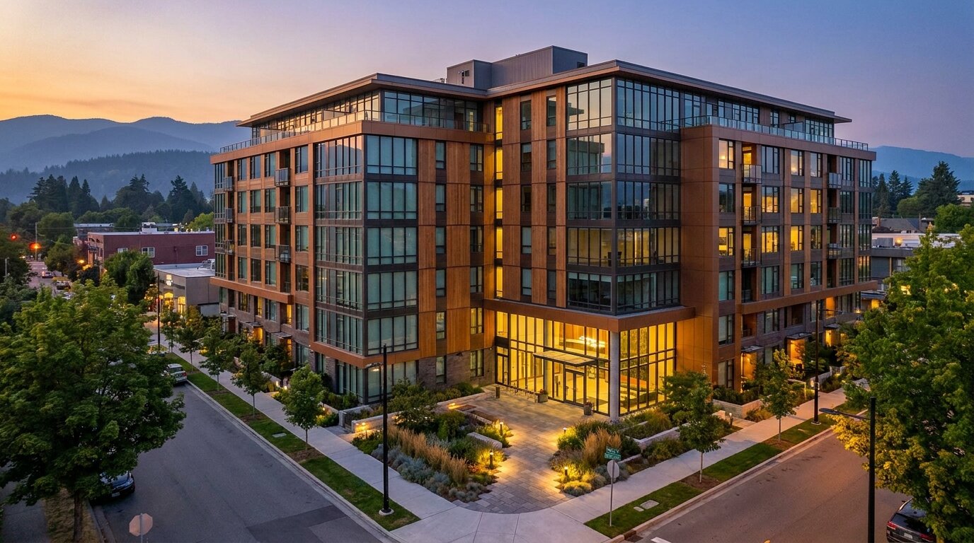 Modern downtown Bellevue WA condo building at golden hour with Cascade foothills behind it
