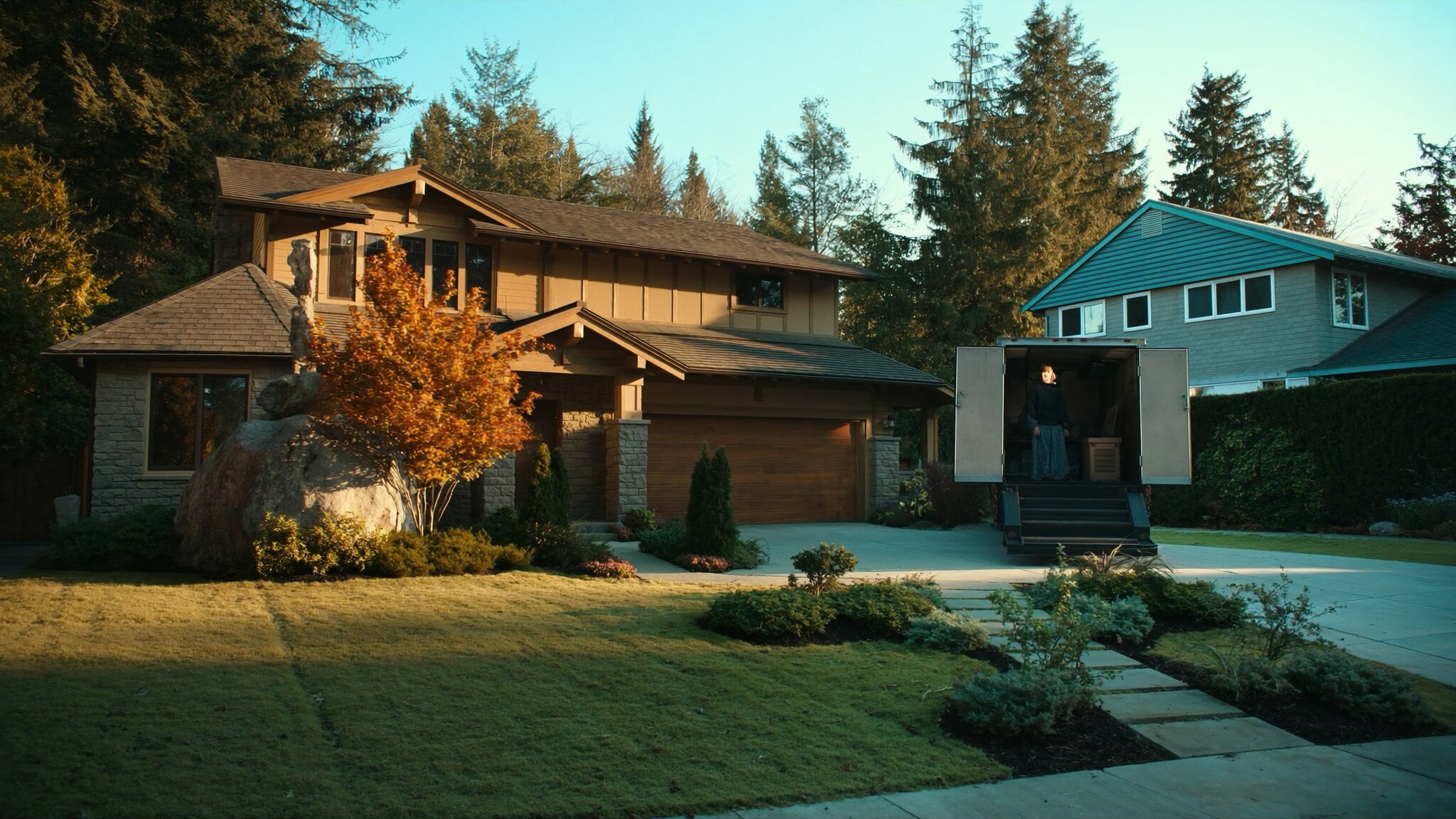 Craftsman home with moving truck in driveway in Washington State, illustrating a bridge loan move