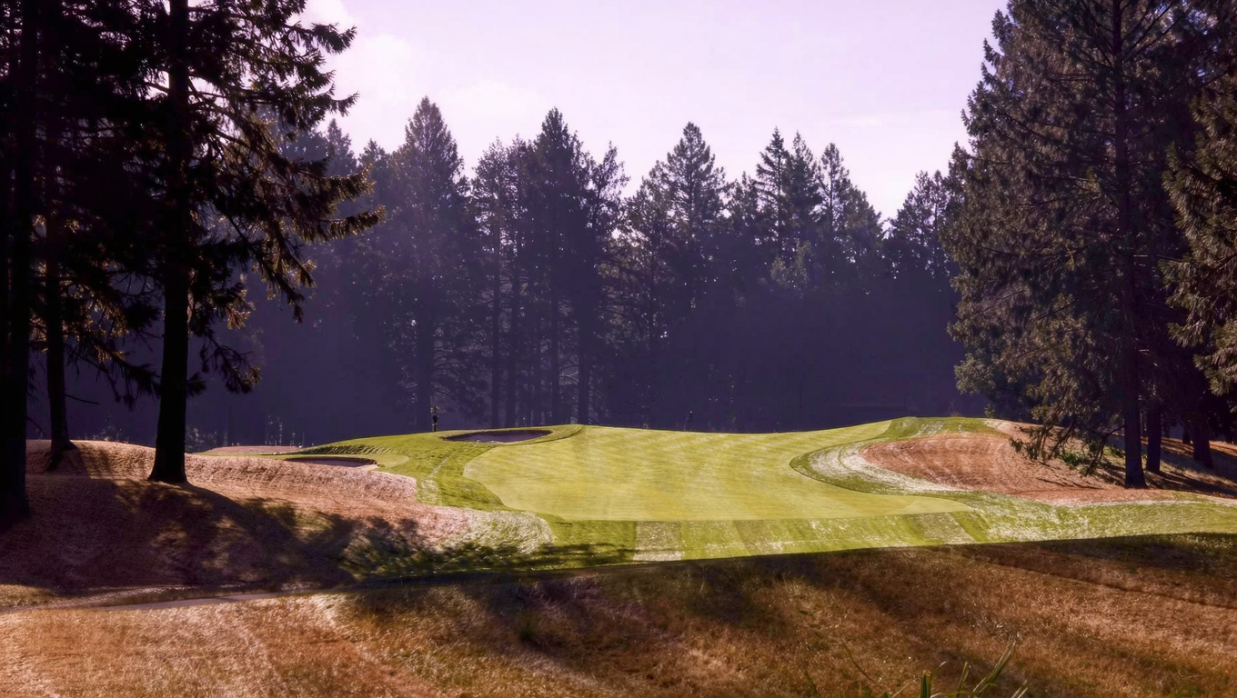 Maplewood Golf Course in Renton Washington with rolling green fairways bordered by mature Douglas fir trees.