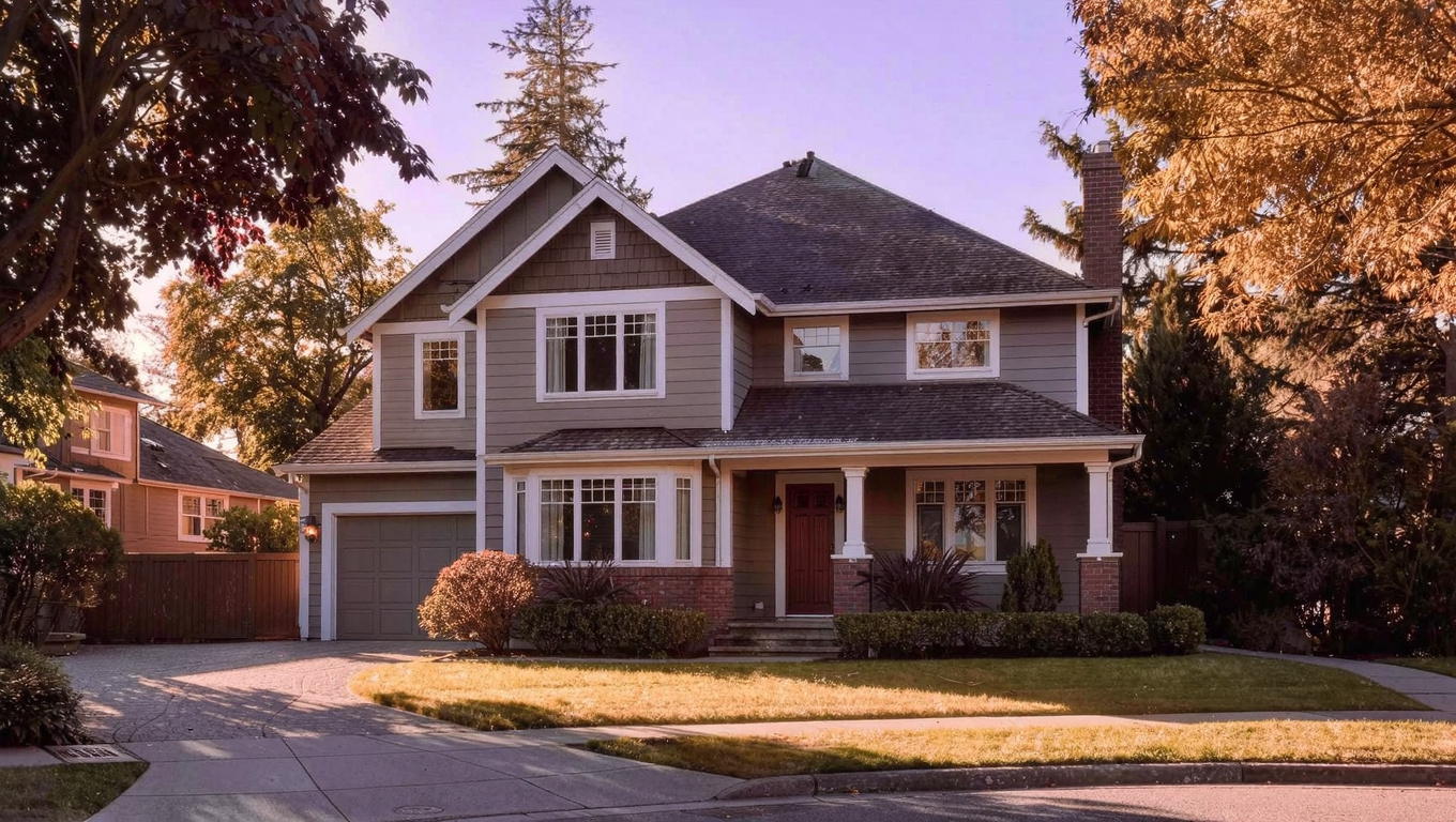 1970s to 1980s single-family home exterior in Fairwood Renton WA, classic planned community two-story home on curving residential street with HOA-maintained landscaping