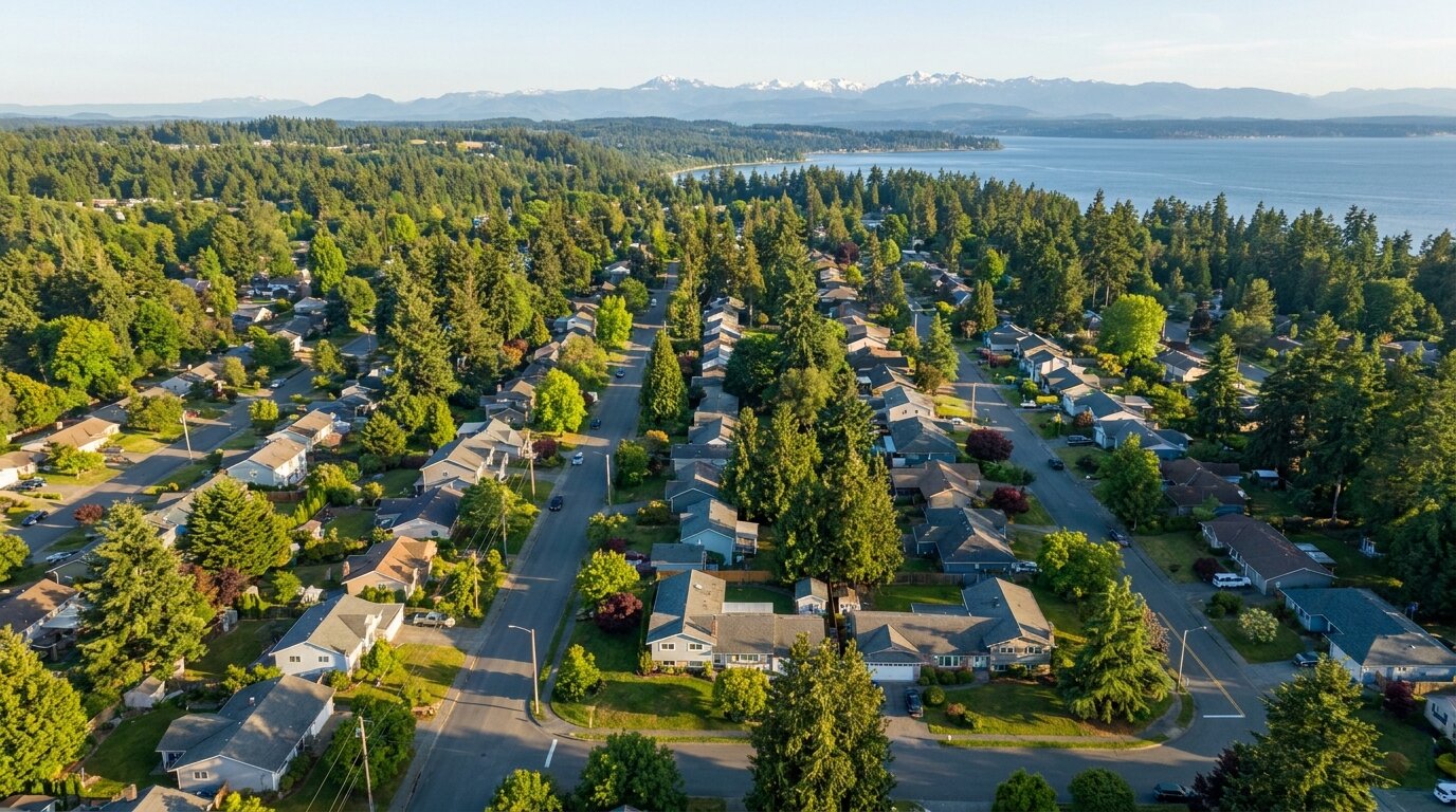 Aerial view of a Federal Way neighborhood with Puget Sound in the distance, King County WA