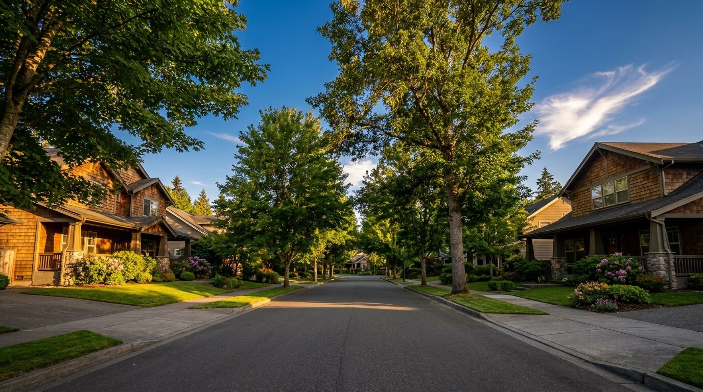 Tree-lined suburban street in King County Washington on a summer afternoon — single-family craftsman homes, green lawns, Pacific Northwest setting