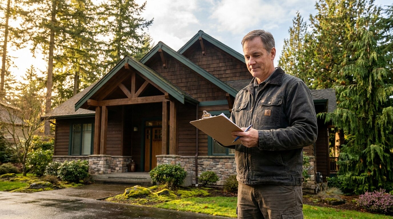 Professional home inspector reviewing clipboard outside a Craftsman-style home in King County Washington