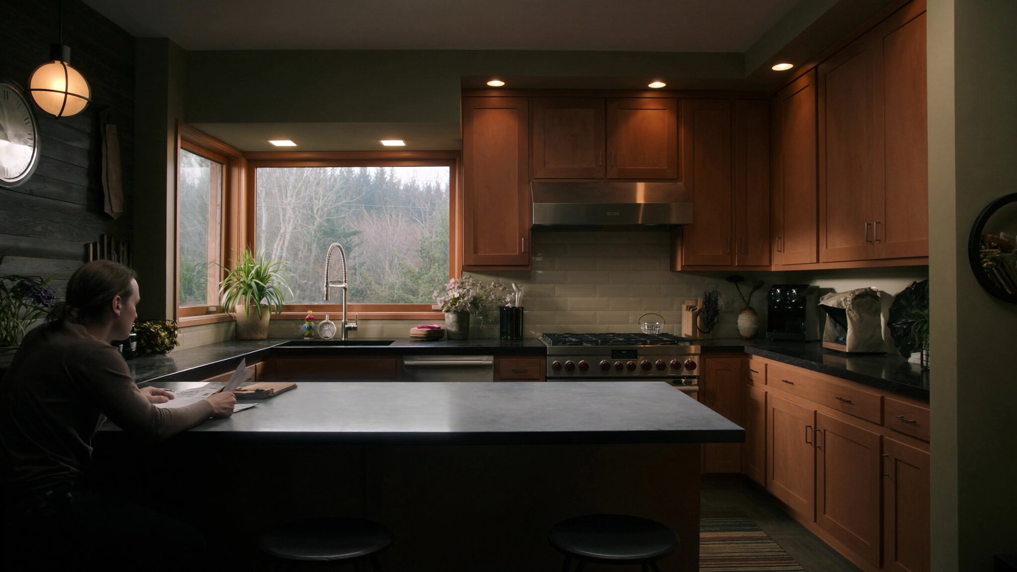 Real estate agent and homeowner reviewing a comparative market analysis report together at a kitchen table in a Pacific Northwest craftsman home