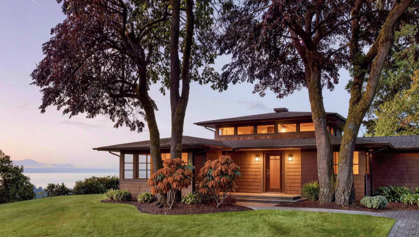 Pacific Northwest Traditional two-story home exterior in Kennydale Renton WA with mature landscaping, established rhododendrons, and territorial view lot