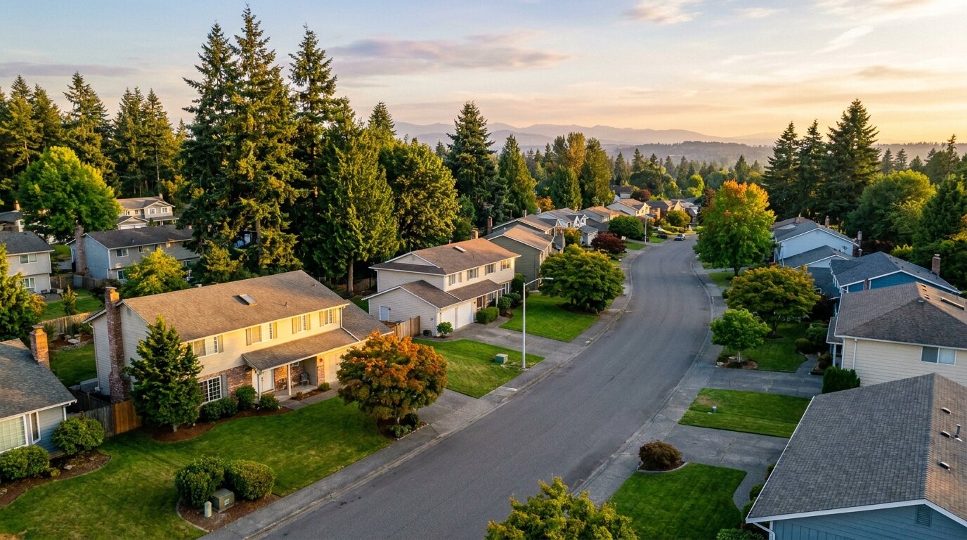 Leafy East Hill family neighborhood with homes and trees in Kent, WA