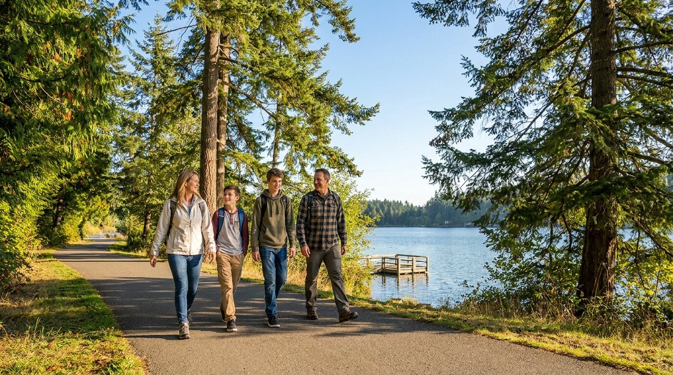 Family walking a lakeside park trail in Kent, WA on a sunny day