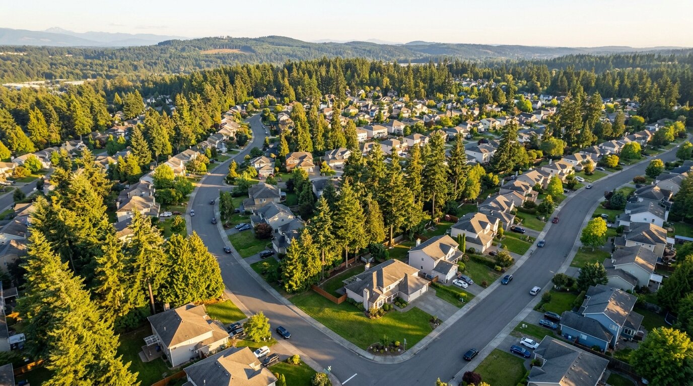 Aerial view of South King County suburban neighborhood with tree-lined streets and single-family homes, Washington State -->