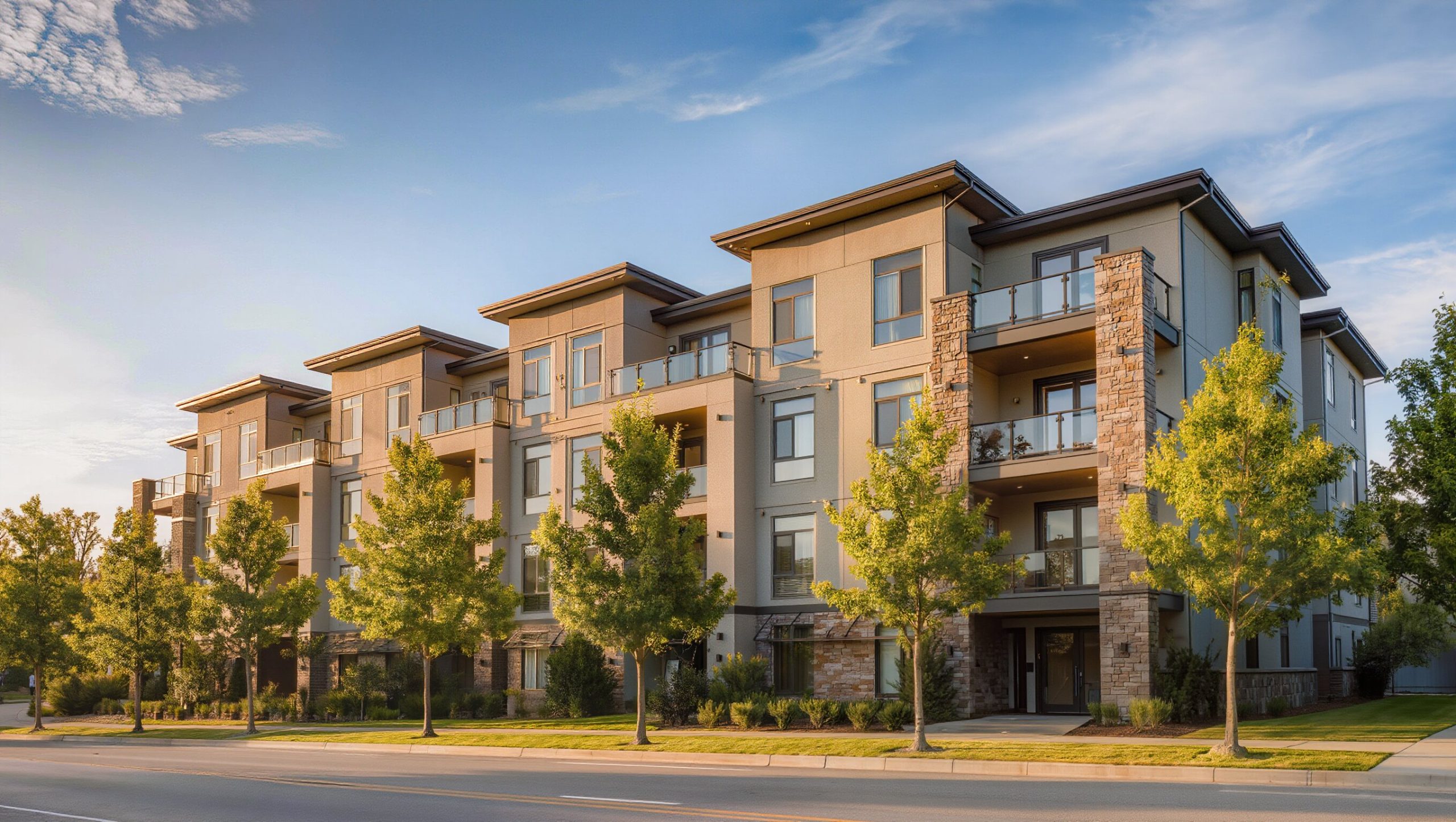 Exterior of a modern mid-rise condominium building in King County WA on a clear sunny day, tree-lined street in foreground