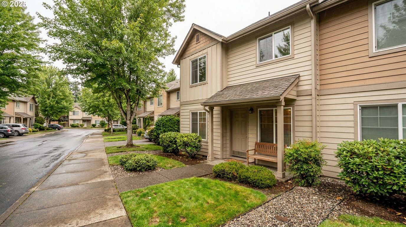 Exterior of a two-story townhome in Auburn or Federal Way Washington State, entry-level South King County real estate