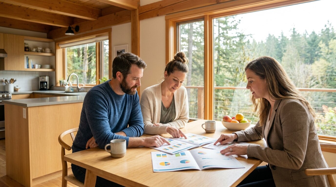 A couple reviews real estate market data with their agent at a kitchen table in a Pacific Northwest home — King County Washington home buying consultation