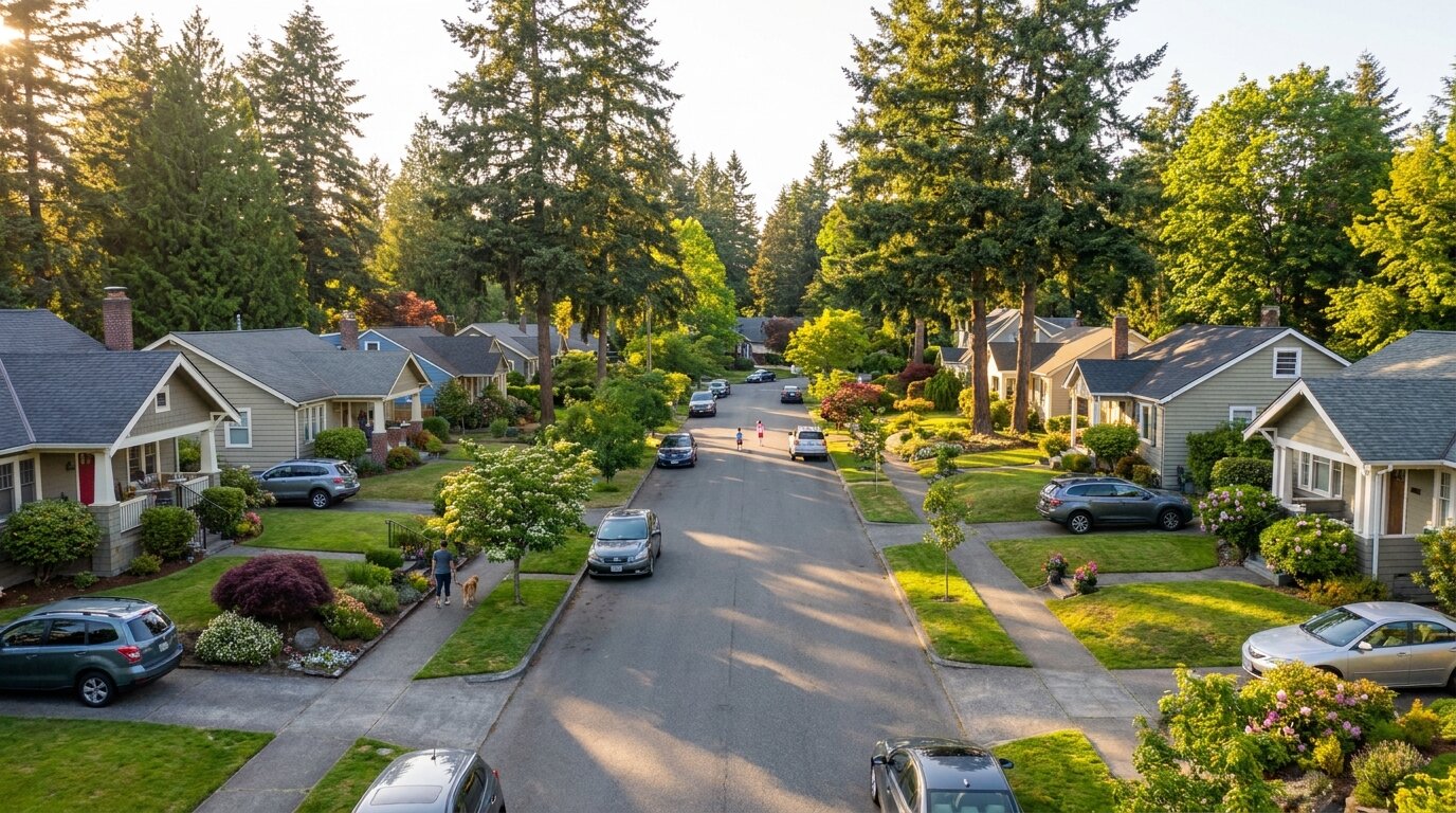 Well-maintained South King County residential neighborhood with mature trees, Pacific Northwest, 2026