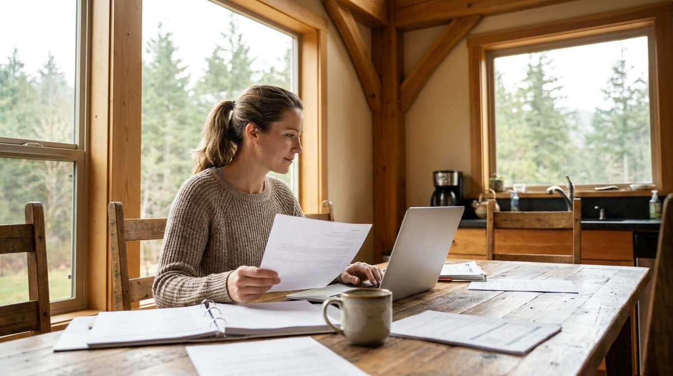 Homeowner reviewing property tax documents at kitchen table with laptop in Pacific Northwest home, King County Washington